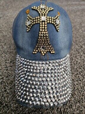 Indigo Soul Distressed Denim Baseball Cap Rhinestone Studded Cross Hat NWOT